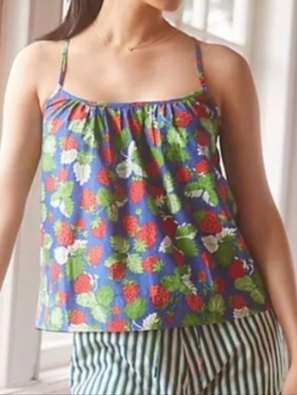 Anthropologie Print Fresh Blue with Strawberry-Print Spaghetti-Strap Cami
